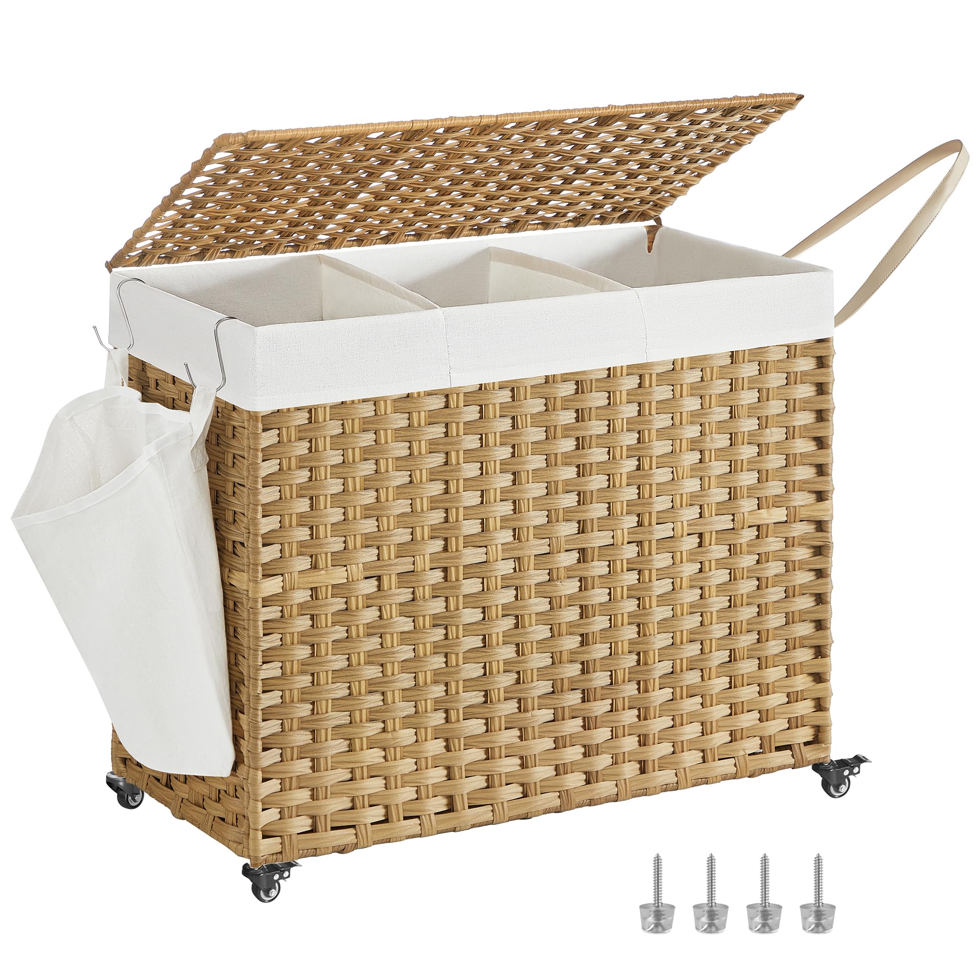 SONGMICS front view of 160 L hamper showing organized three sections benefit