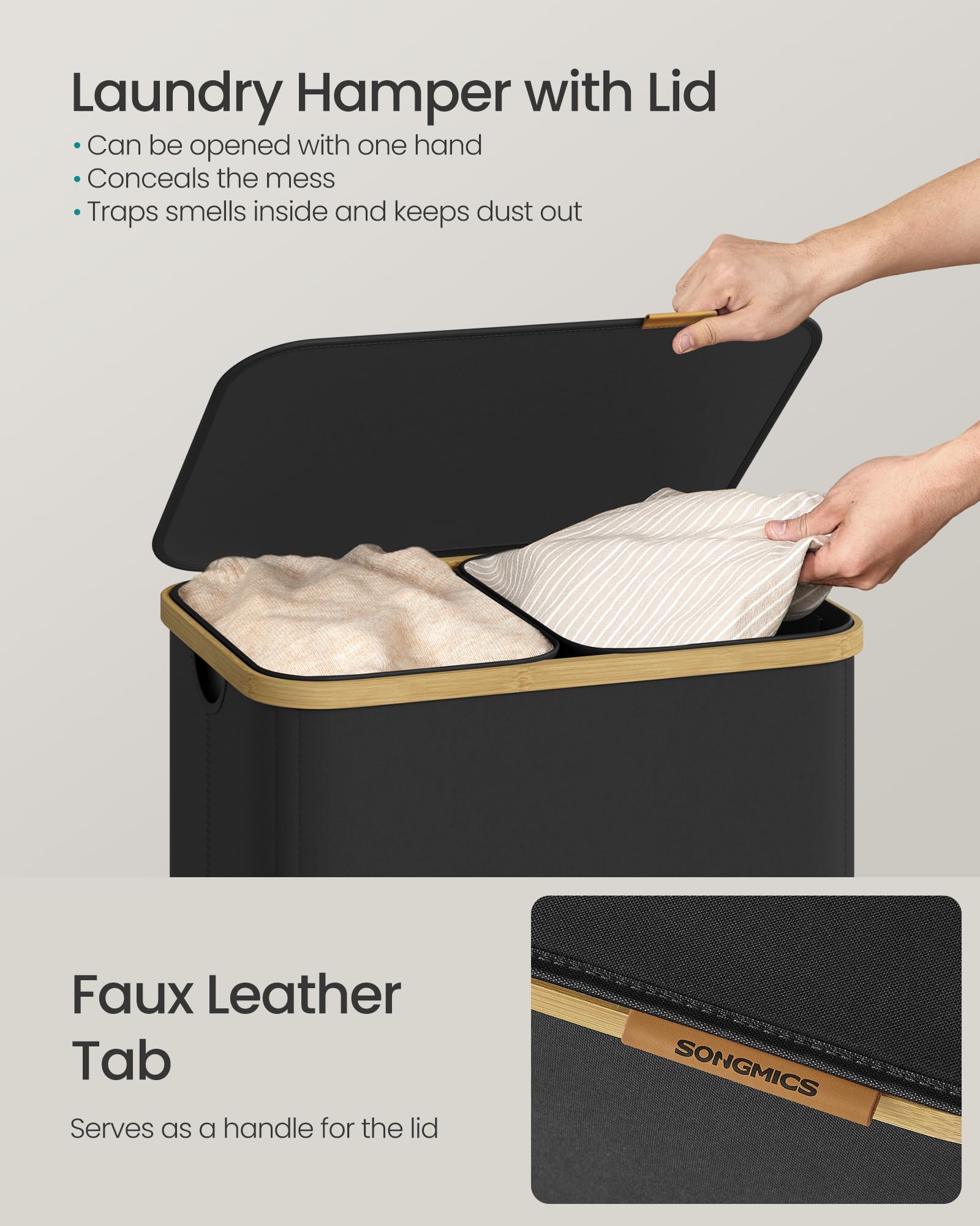 SONGMICS hamper placed in bathroom showing space-saving, tidy design