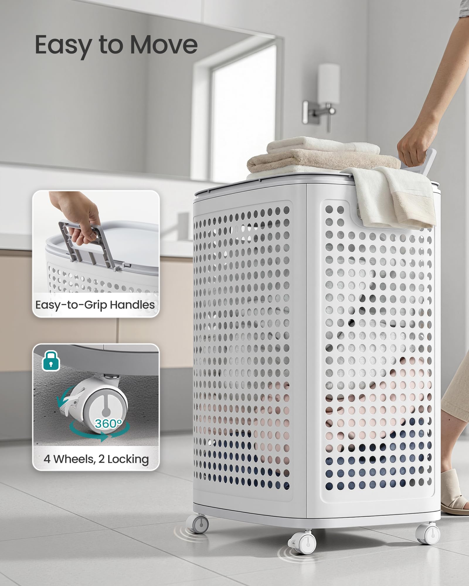 SONGMICS hamper placed in bathroom saving floor space and organizing laundry