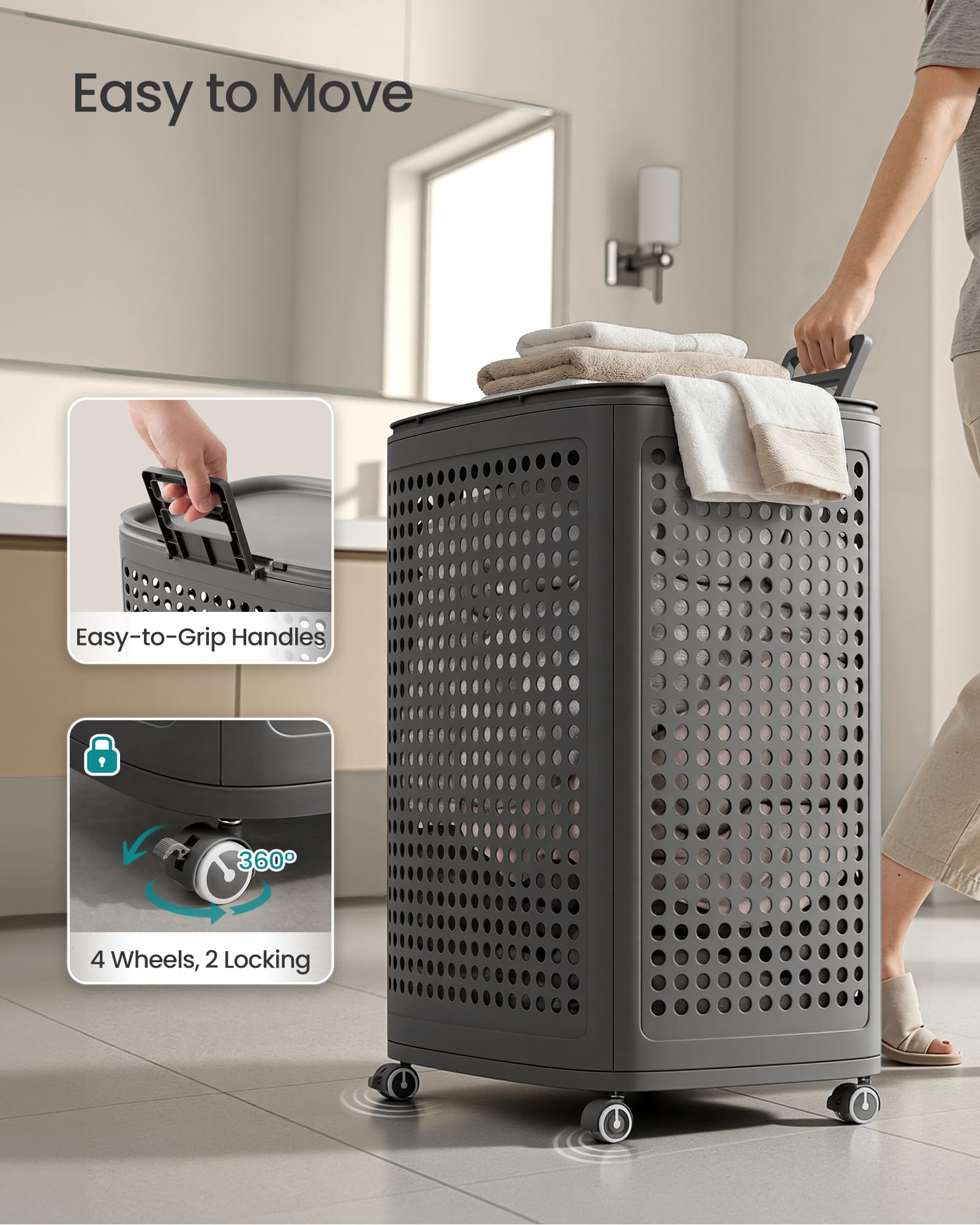 SONGMICS hamper placed in bathroom showing space-saving organization