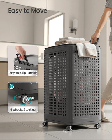 SONGMICS hamper placed in bathroom showing space-saving organization