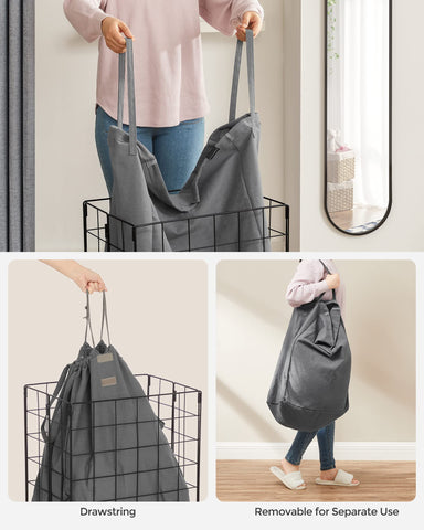 SONGMICS laundry hamper in bedroom with clothes inside showing easy transport benefit