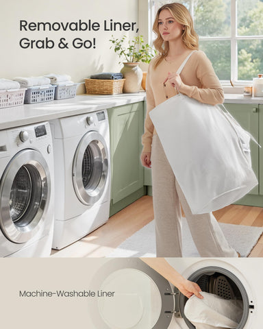 SONGMICS laundry hamper placed in bathroom illustrating stylish organization