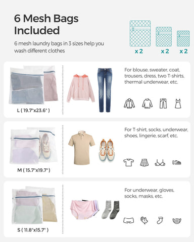 SONGMICS six mesh bags laid out showing delicate-protection benefit
