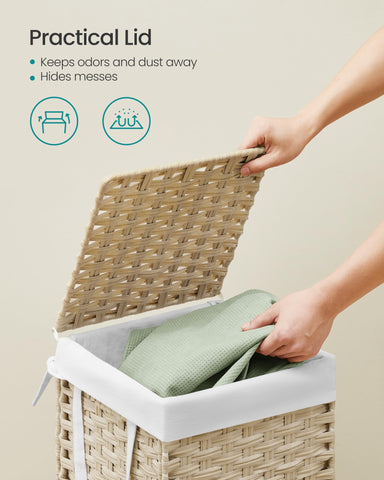 SONGMICS hamper with lid open highlighting one-hand access and hidden laundry