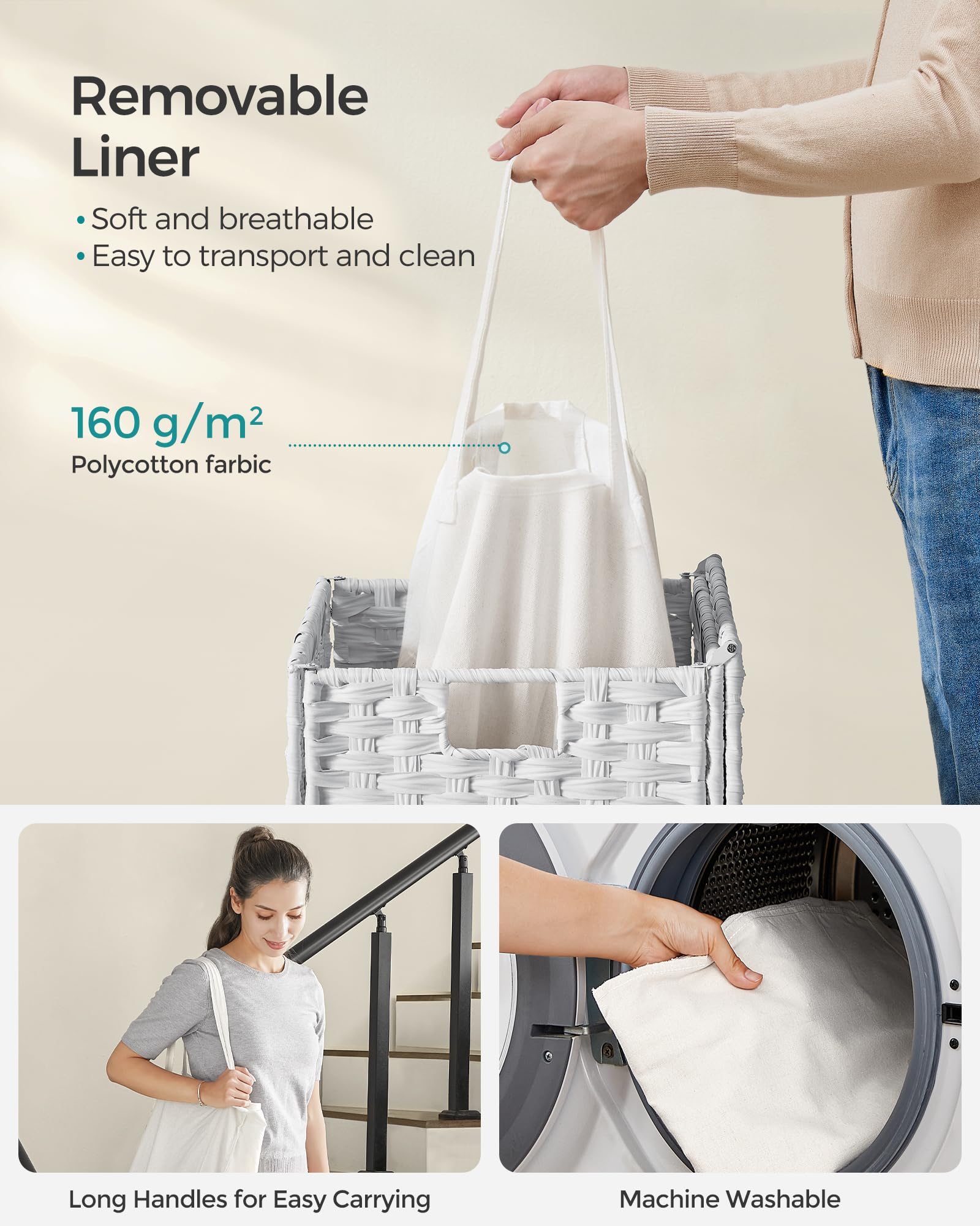 SONGMICS hamper beside a washer illustrating real-world size and capacity