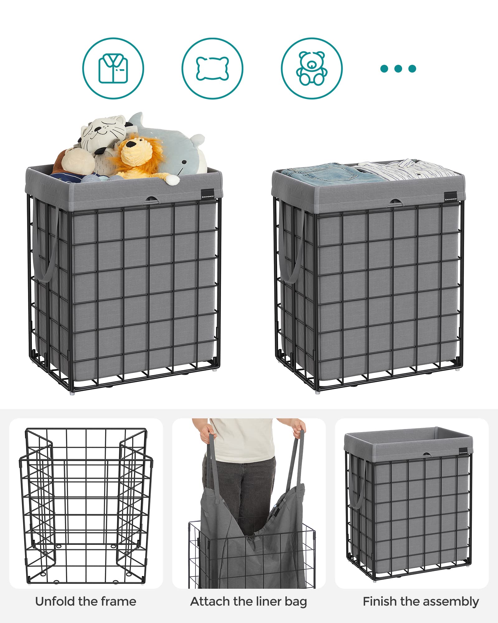 SONGMICS hamper next to chair showing 90L size comparison and capacity benefit