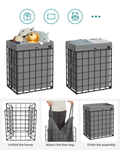 SONGMICS hamper next to chair showing 90L size comparison and capacity benefit