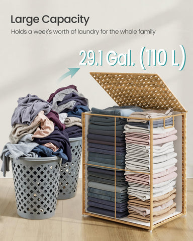 SONGMICS hamper next to a laundry basket for scale showing space-saving benefit