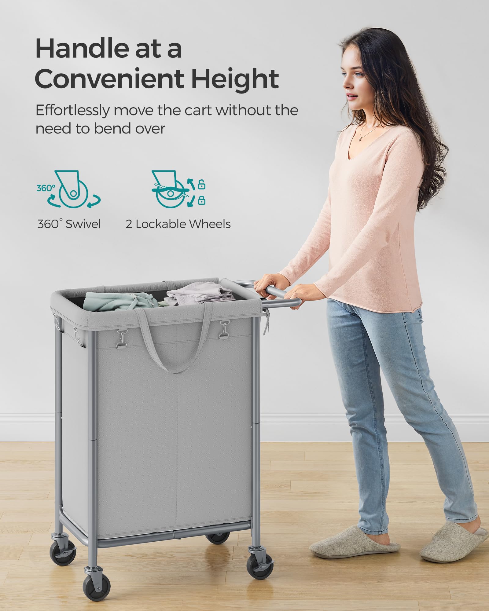 SONGMICS size comparison next to chair showing scale and capacity for weekly laundry