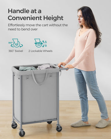 SONGMICS size comparison next to chair showing scale and capacity for weekly laundry