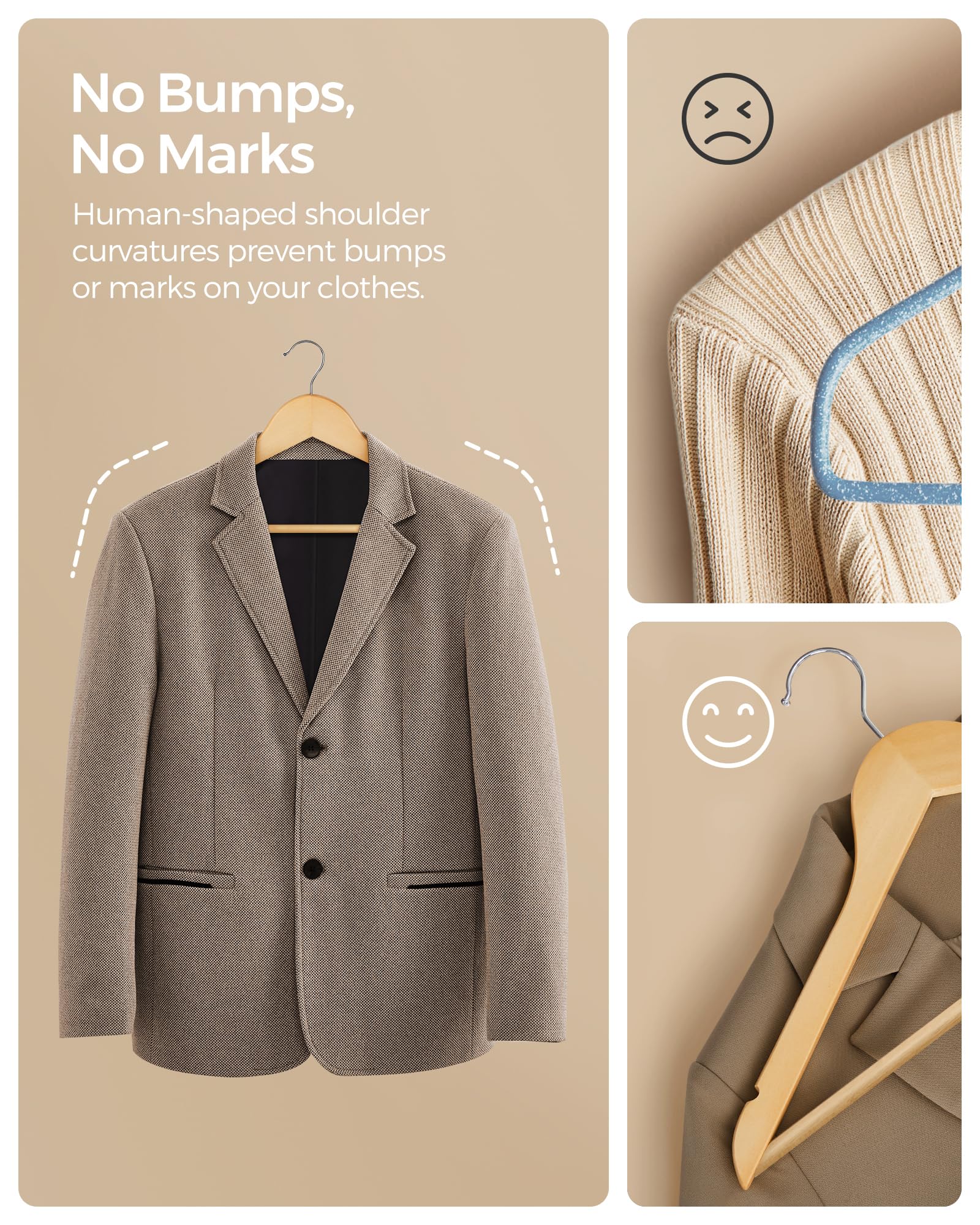 SONGMICS wooden hanger supporting a heavy winter coat to show strong weight capacity