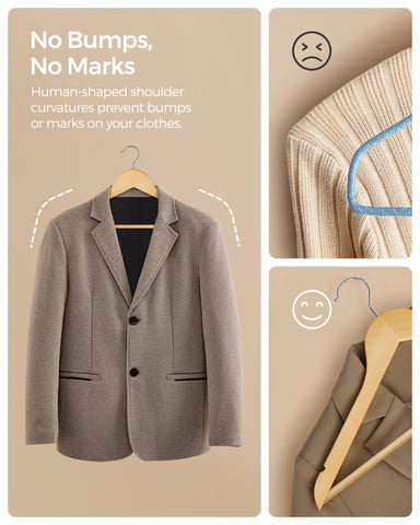 SONGMICS wooden hanger supporting a heavy winter coat to show strong weight capacity