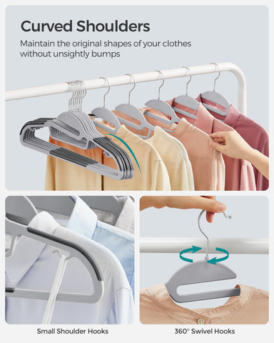SONGMICS plastic hanger holding a shirt on a closet rod for tidy storage benefit
