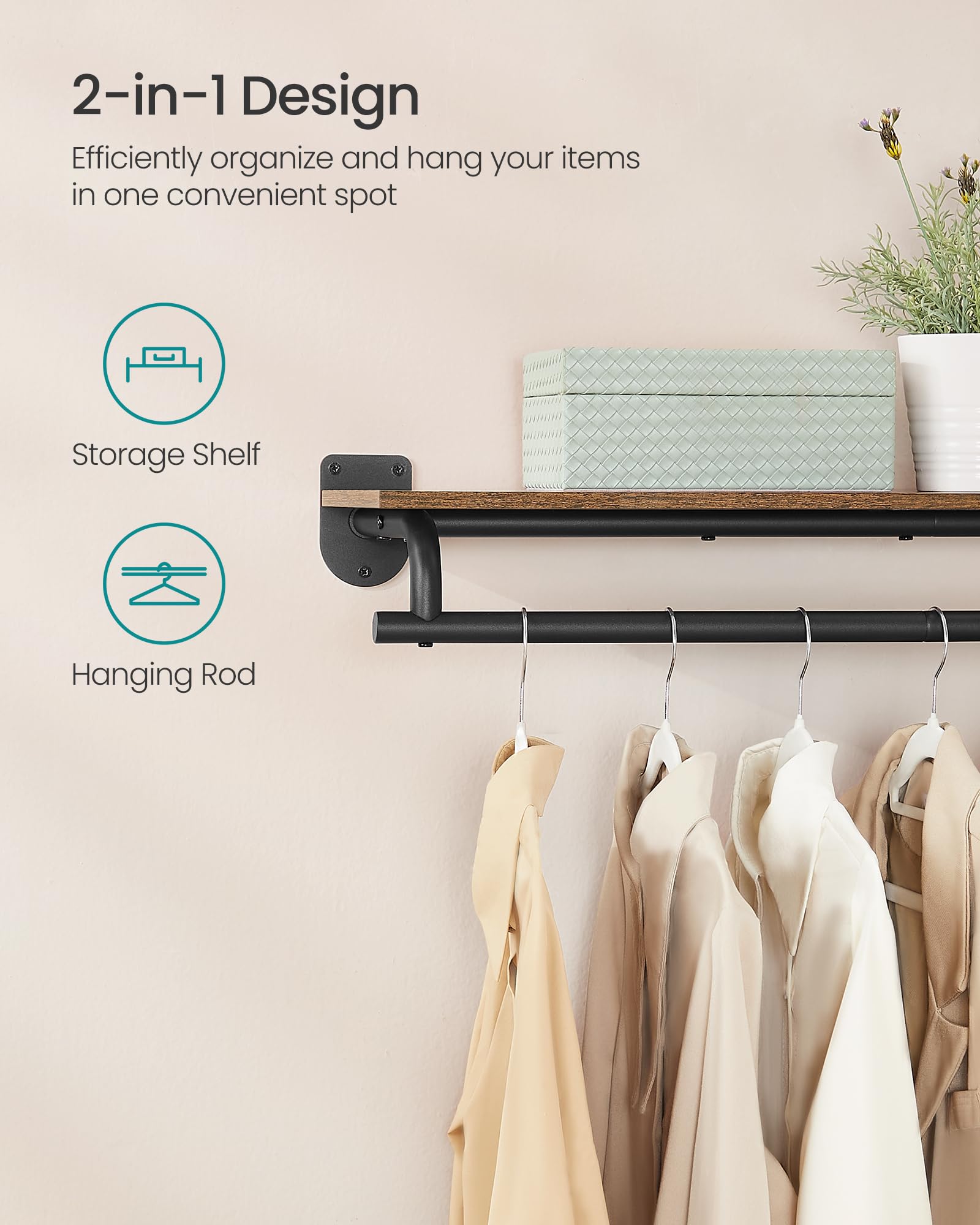 SONGMICS hanging rod close-up displaying sturdy steel support for clothes