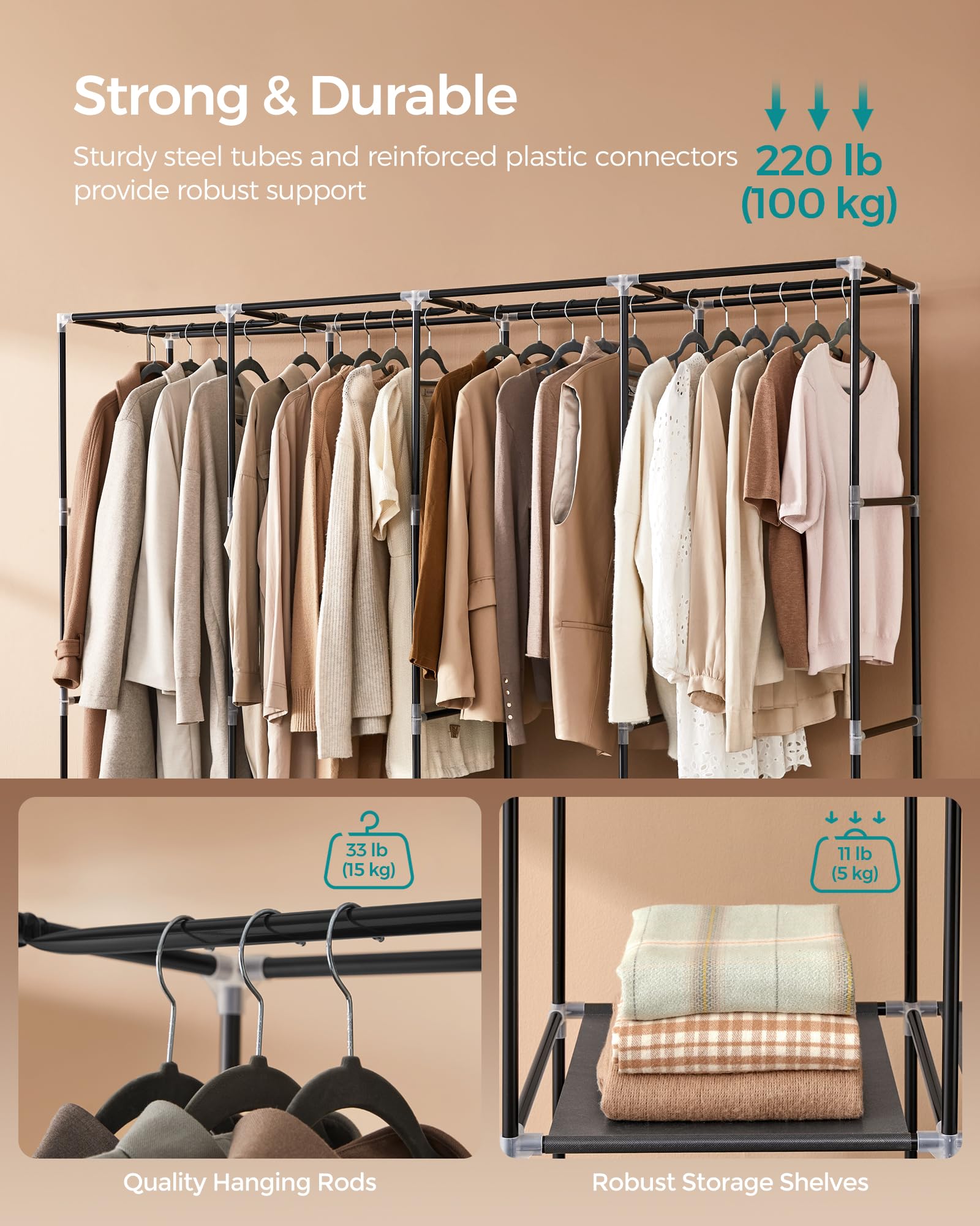 SONGMICS hanging rods loaded with jackets illustrating sturdy support benefit