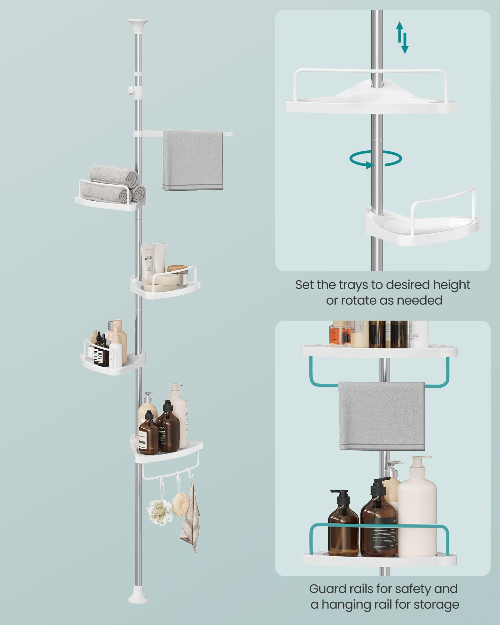 SONGMICS caddy next to measuring tape illustrating adjustable height fit for ceilings