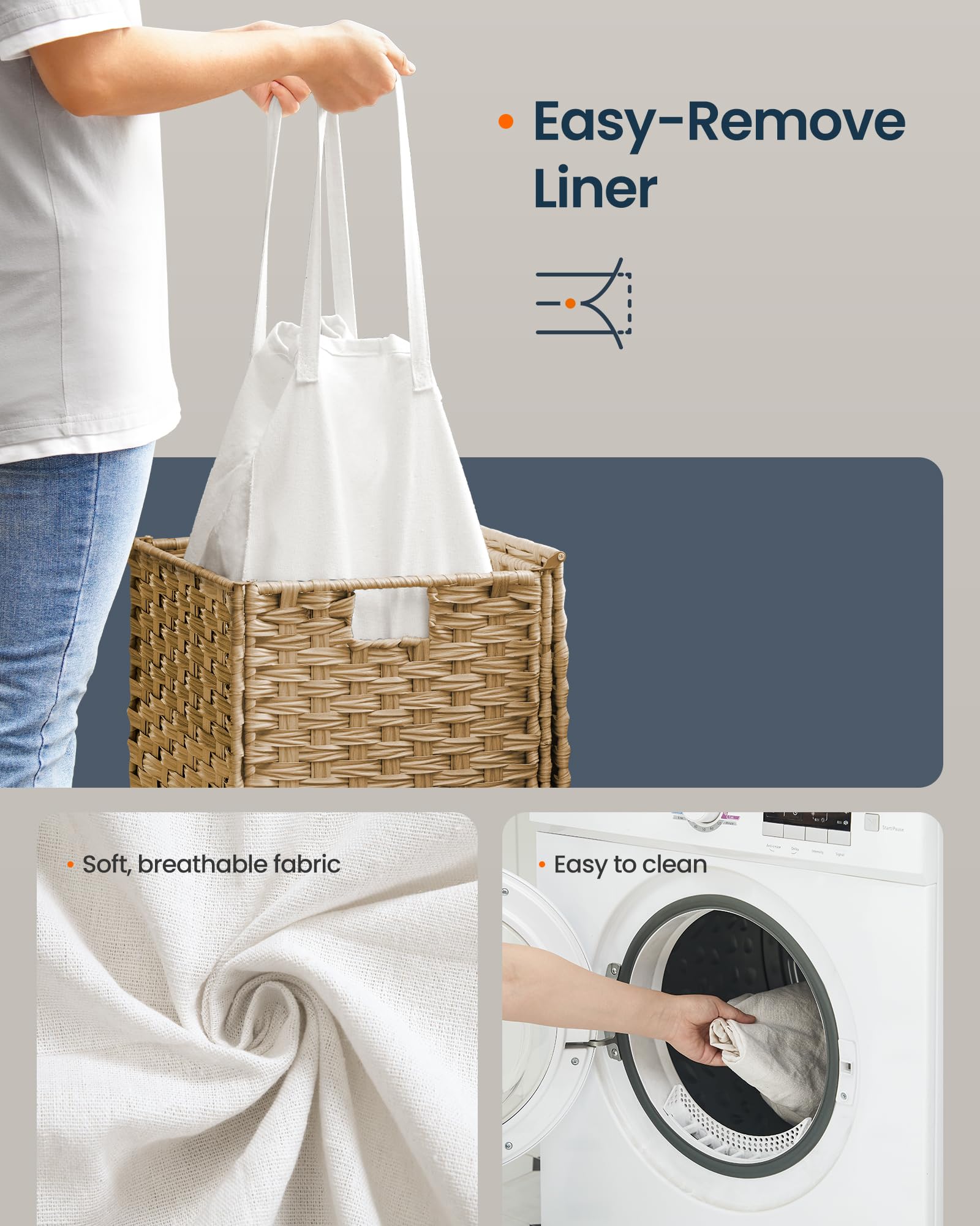 SONGMICS HOME removable liner with handles showing easy transfer to washer benefit