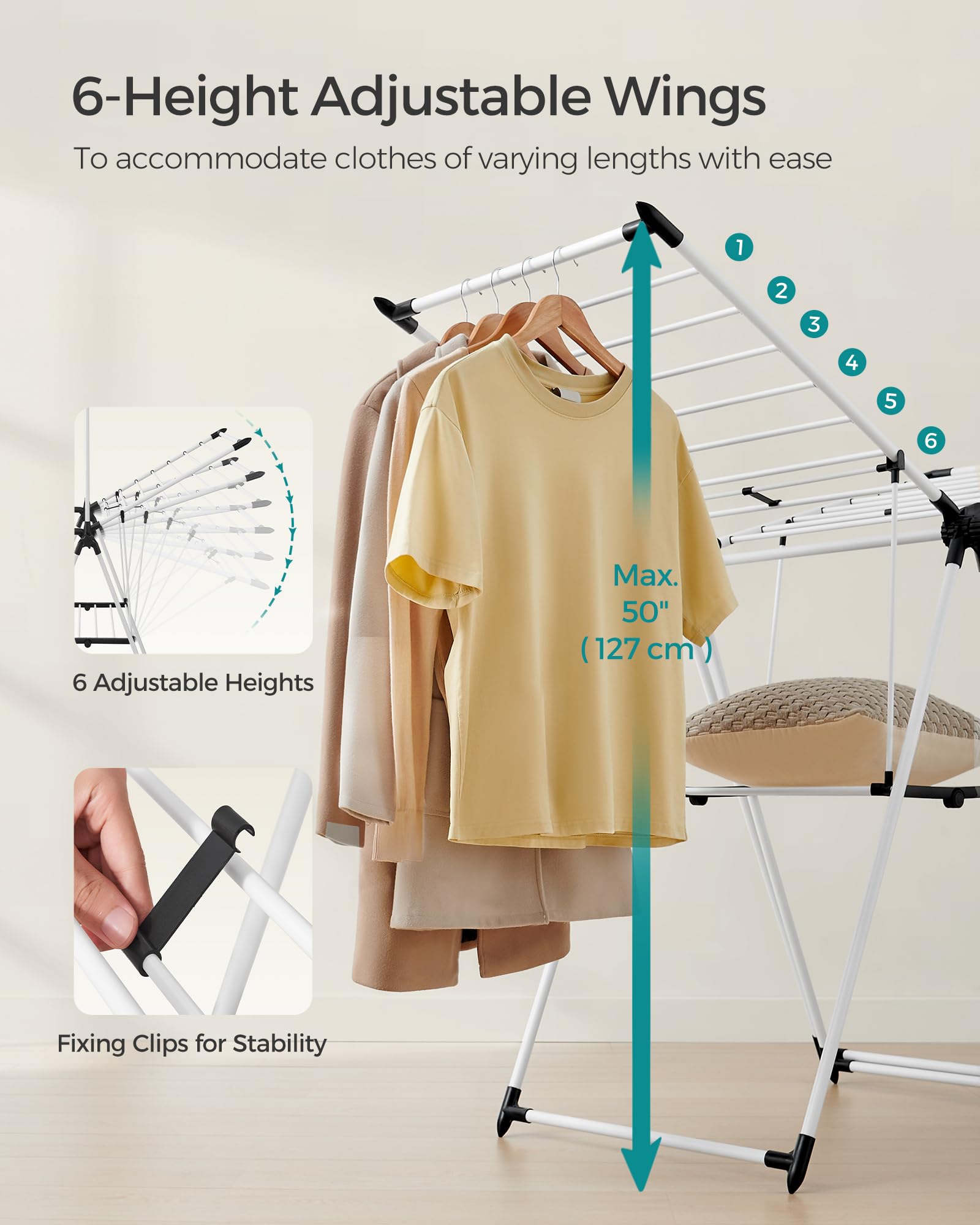 SONGMICS HOME wings adjusted for long garments showing flexible height options