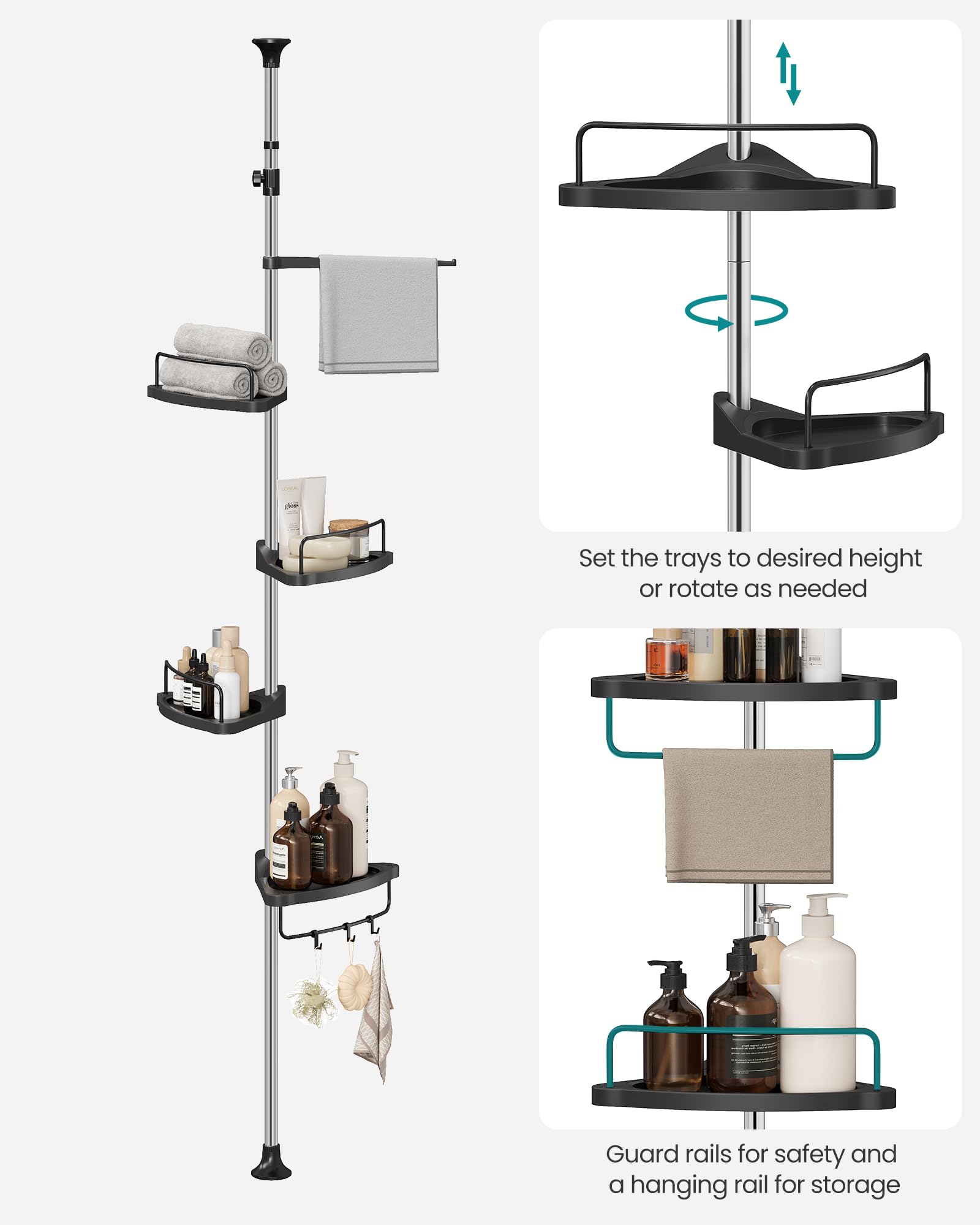 SONGMICS hooks and towel bar detail displaying flexible hanging and quick access