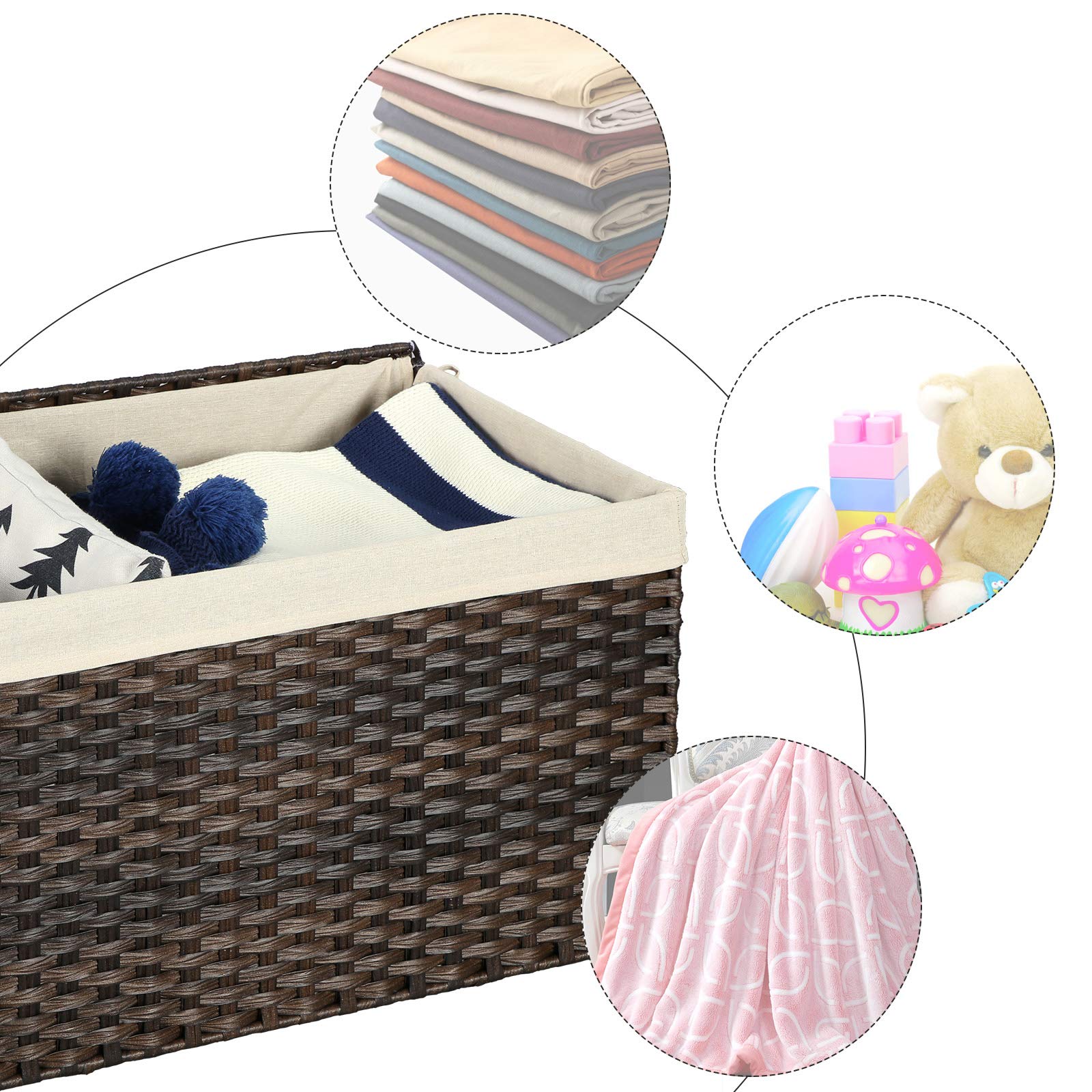 SONGMICS laundry basket in bedroom showing organized clothes storage use