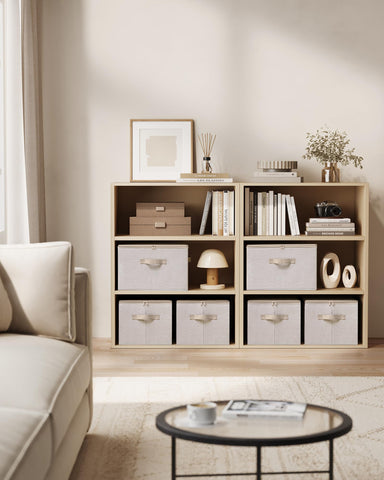 SONGMICS storage bins on closet shelf showing tidy shelf organization benefit