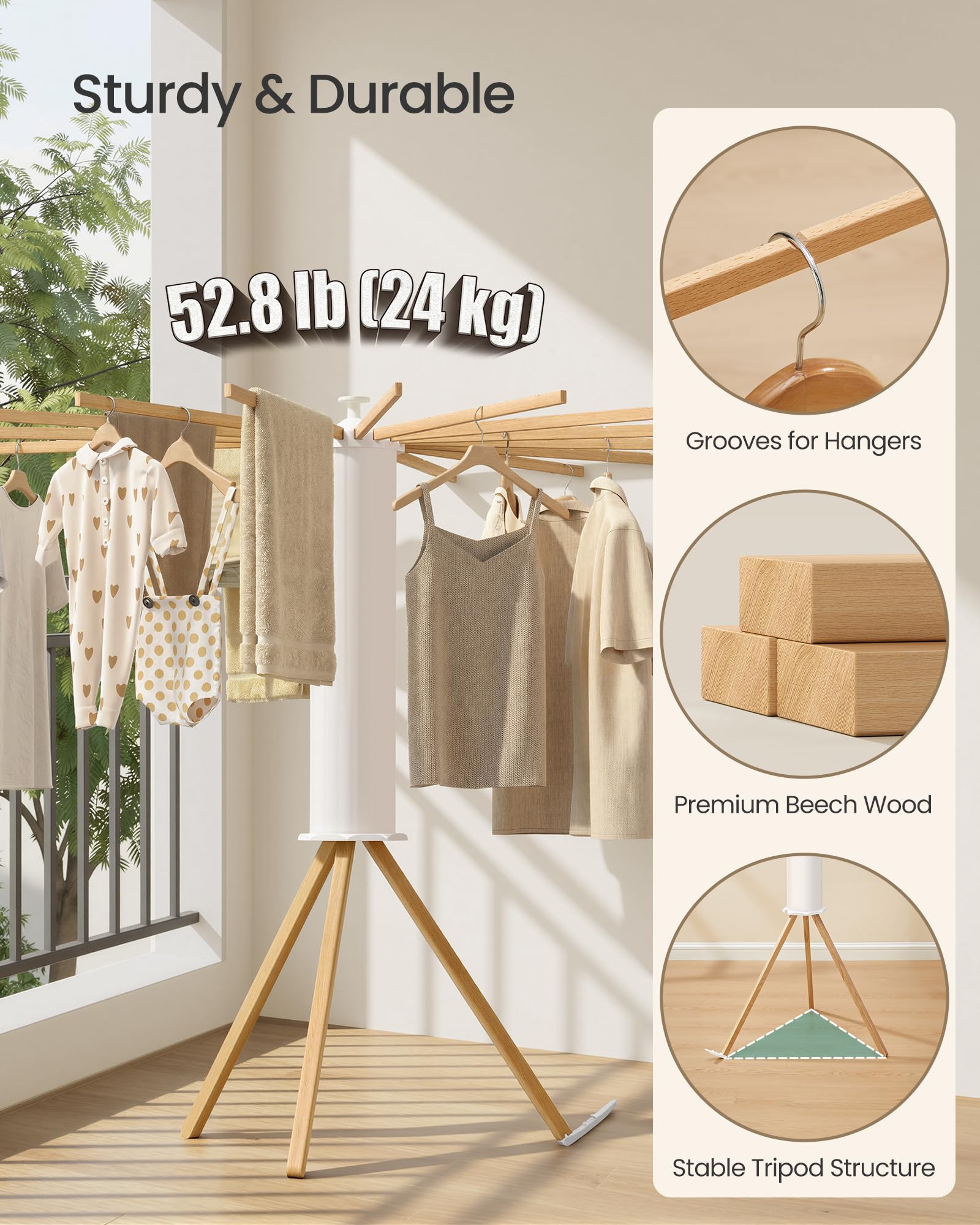 SONGMICS drying rack in balcony setting showing sun exposure and space-saving benefit