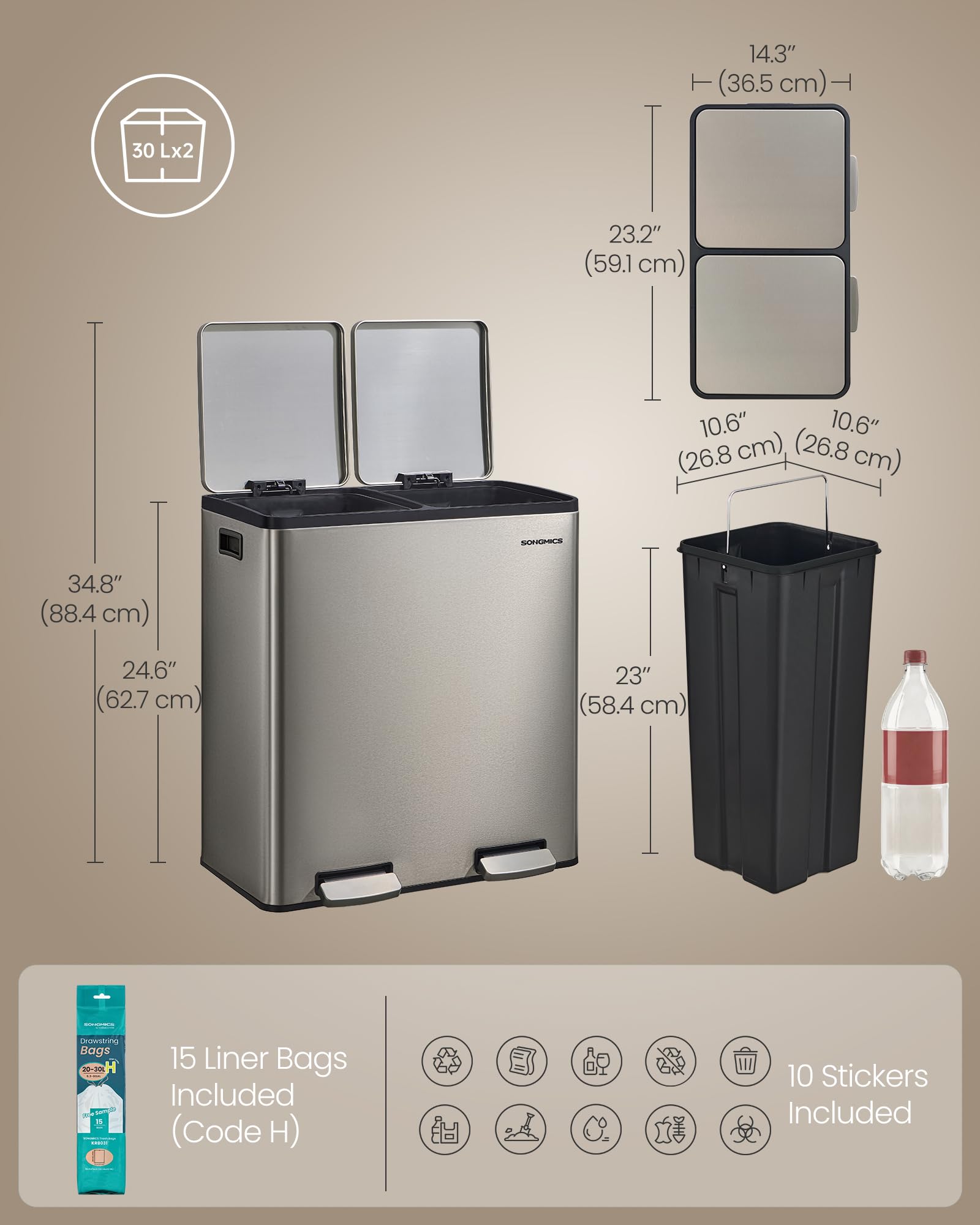 SONGMICS pack of included bin liners displayed for immediate use and tidy disposal