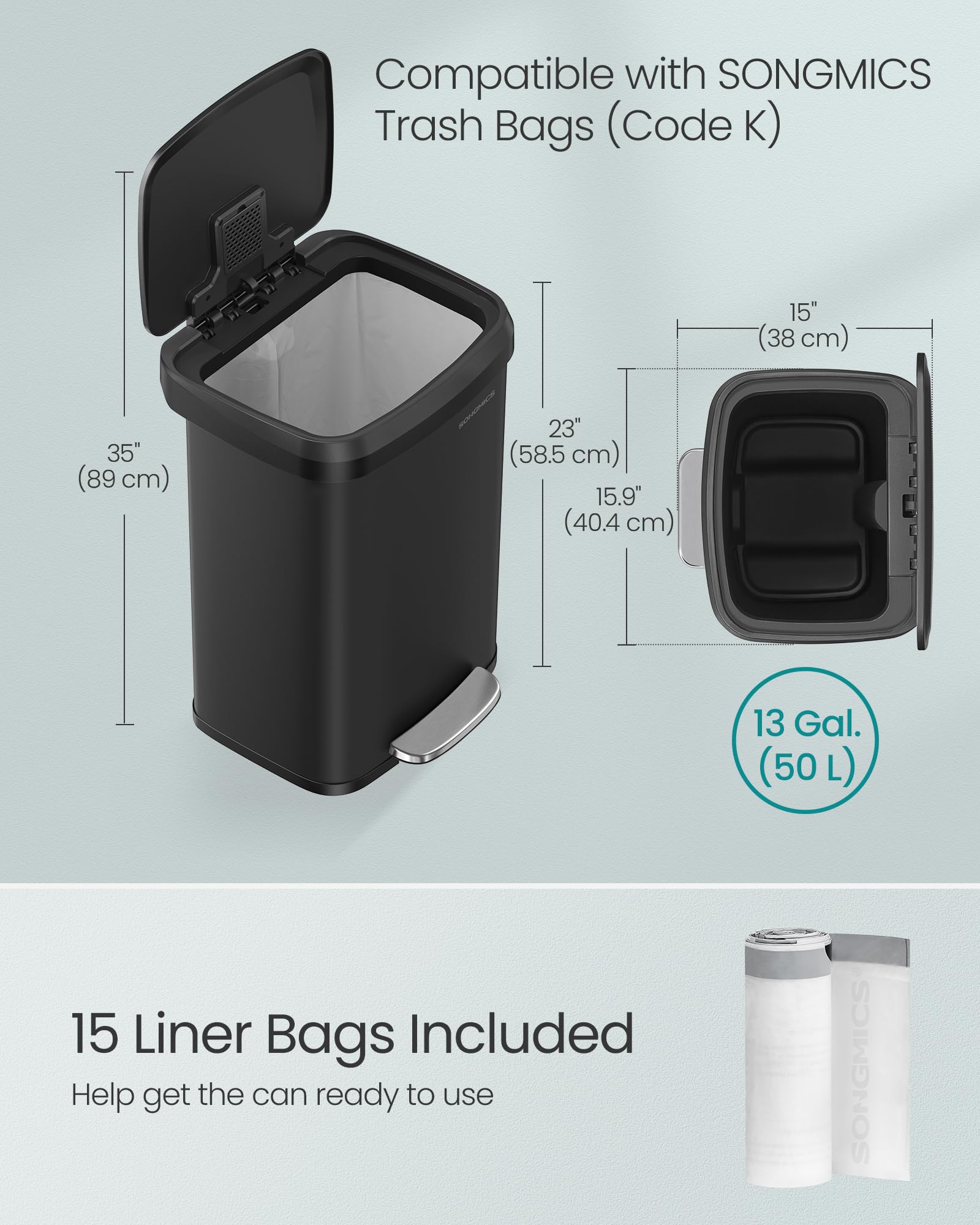SONGMICS removable inner bucket with liner, easy emptying benefit
