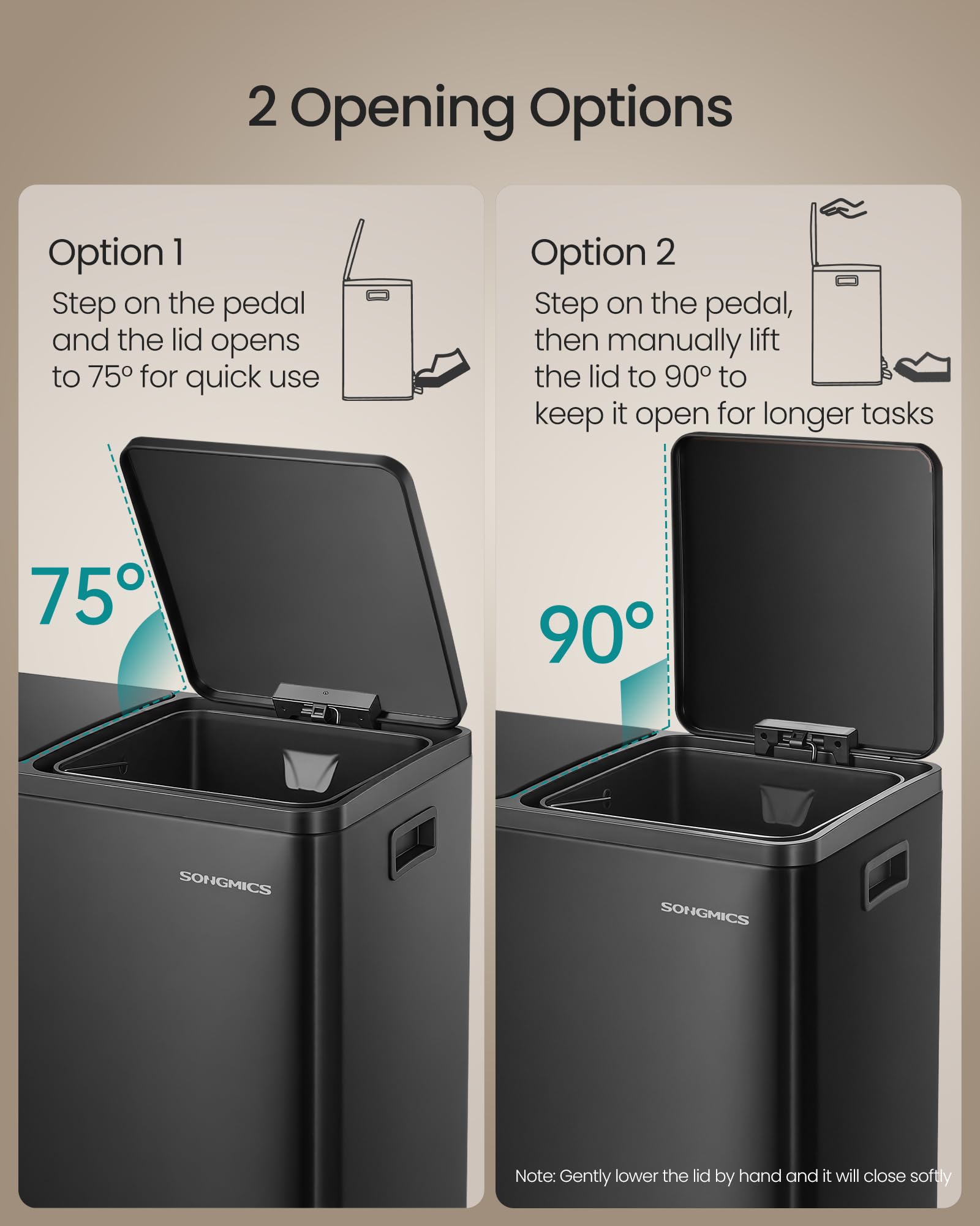 SONGMICS two removable inner buckets shown lifted out for quick emptying benefit
