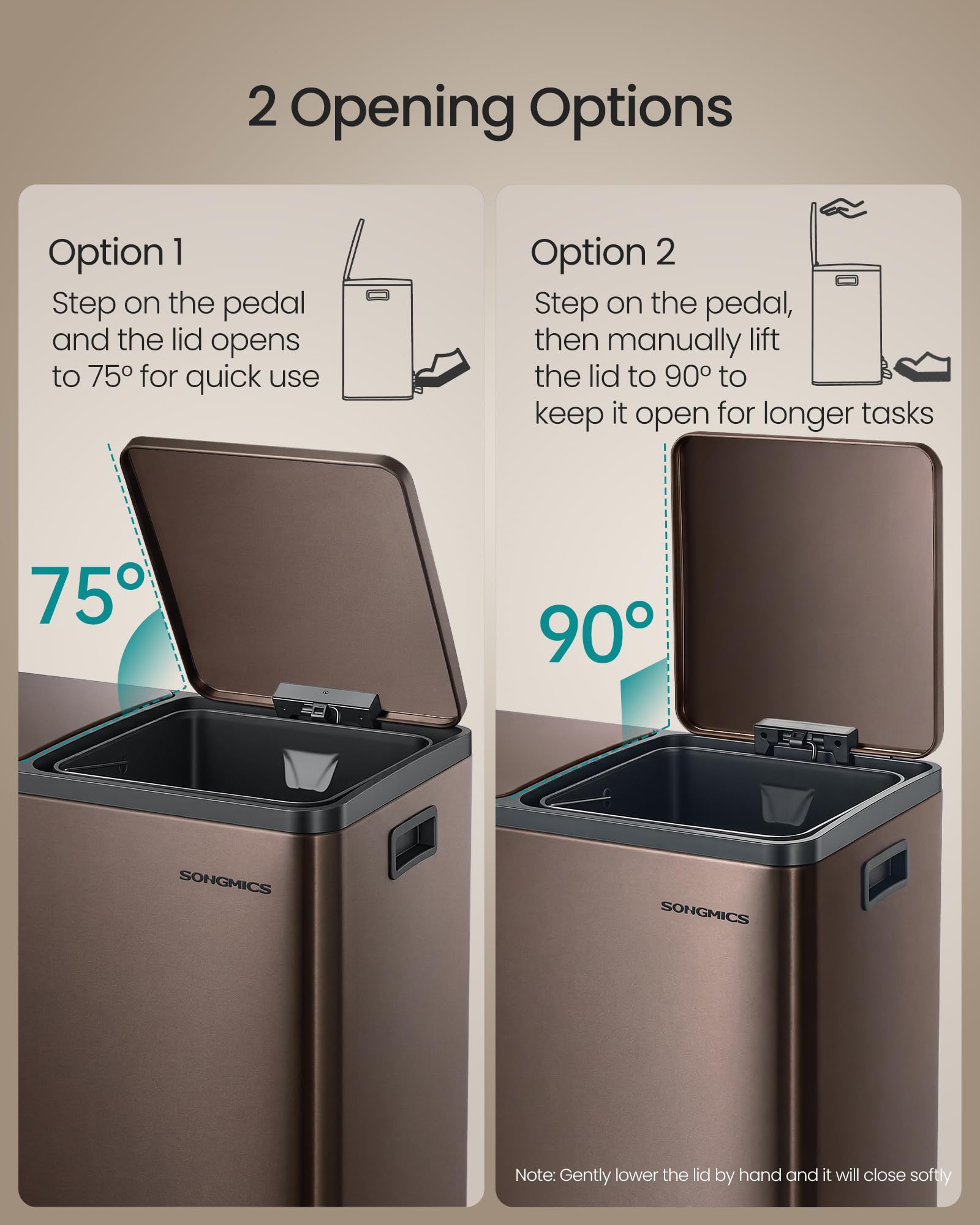 SONGMICS two removable inner buckets lifted out for easy emptying