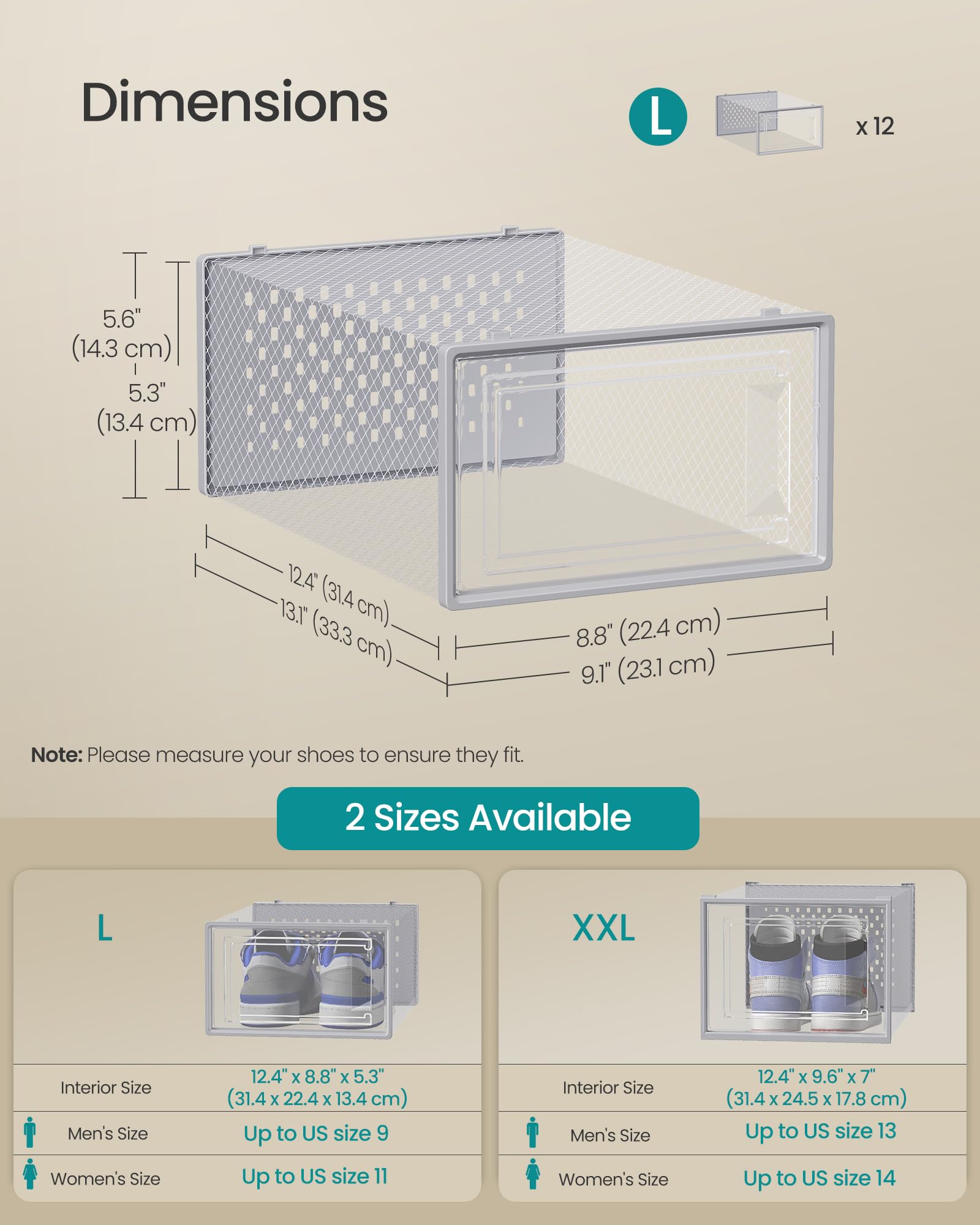 SONGMICS box interior with a sneaker showing correct size fit