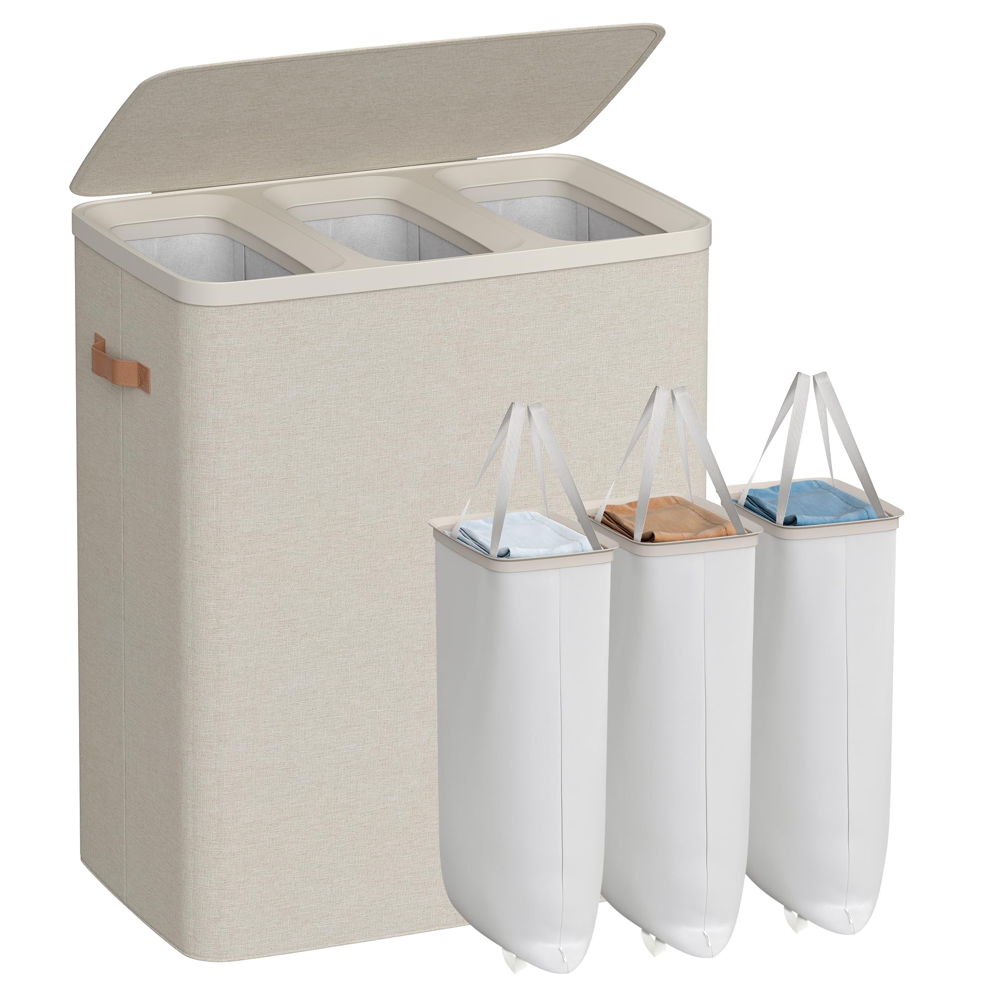 SONGMICS laundry basket front view showing tall three-section sorter and lid for tidy storage