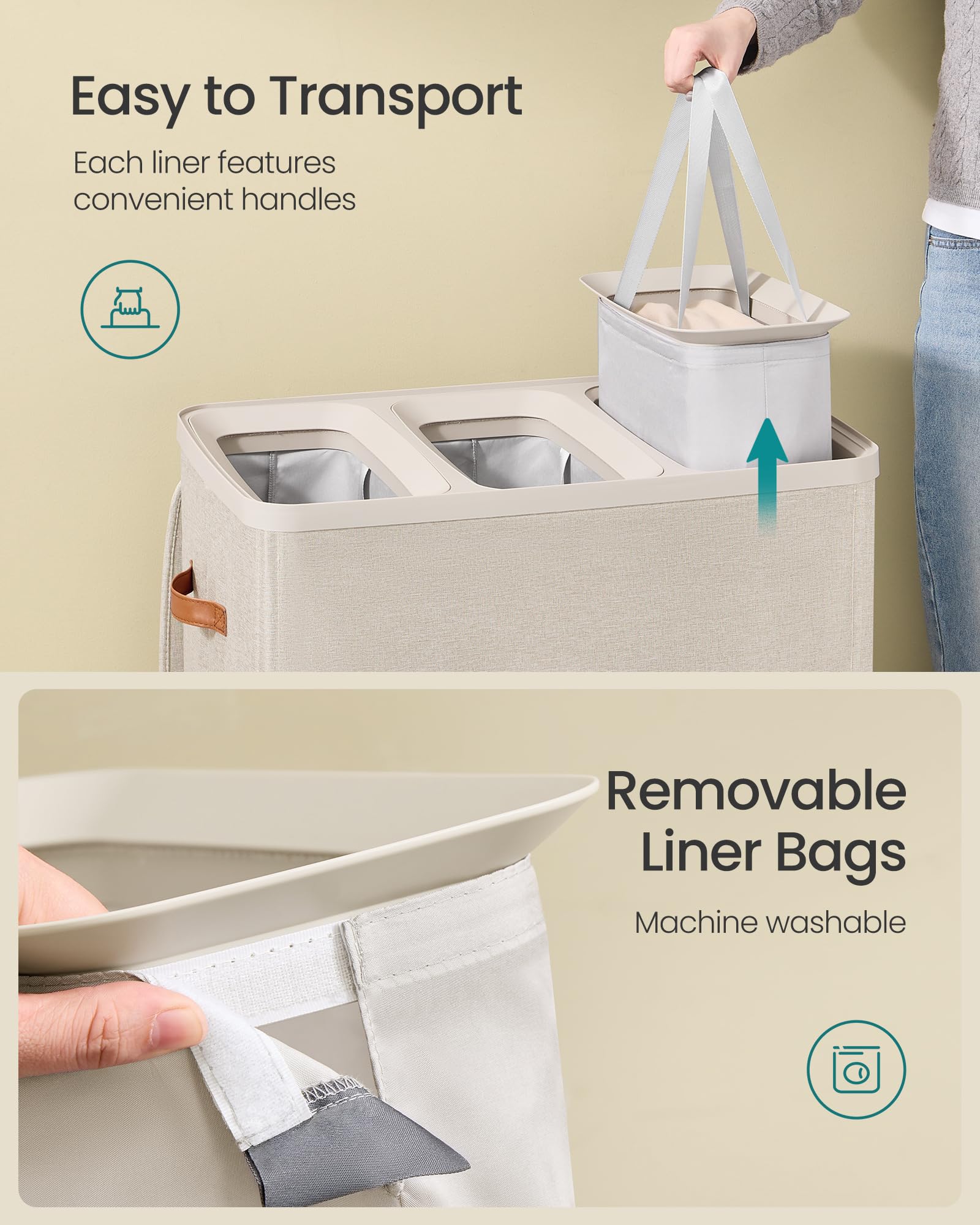 SONGMICS laundry basket side view highlighting body handles and bottom emptying tab for convenience