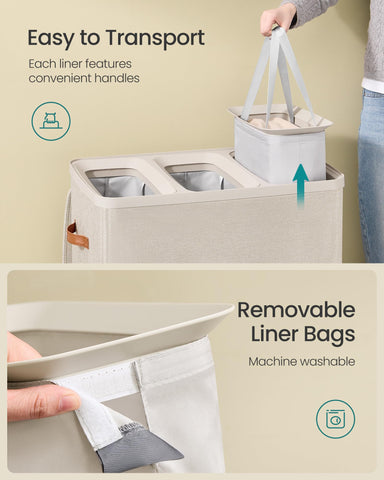 SONGMICS laundry basket side view highlighting body handles and bottom emptying tab for convenience