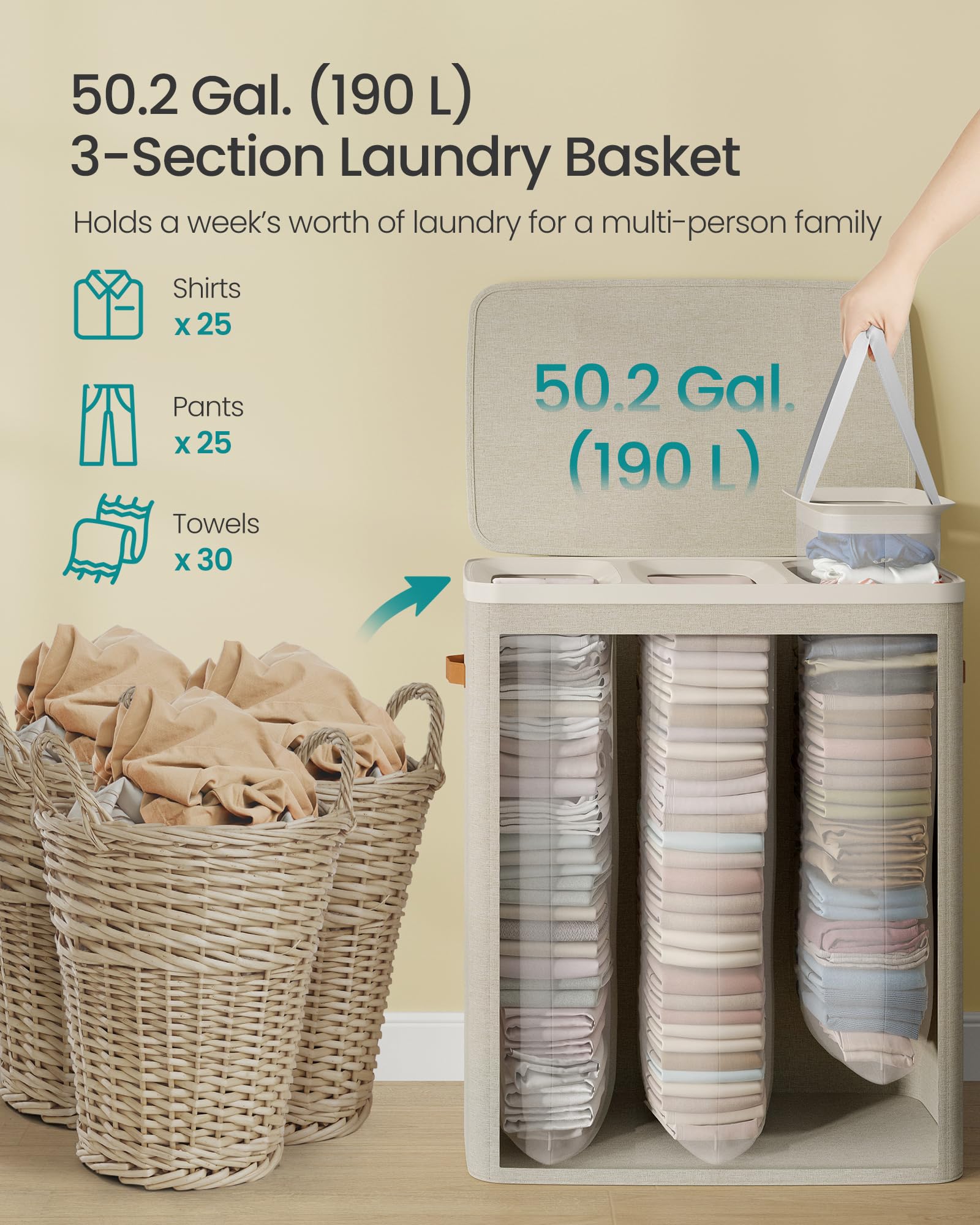 SONGMICS laundry basket close-up of inner bag fabric and handles for effortless lifting