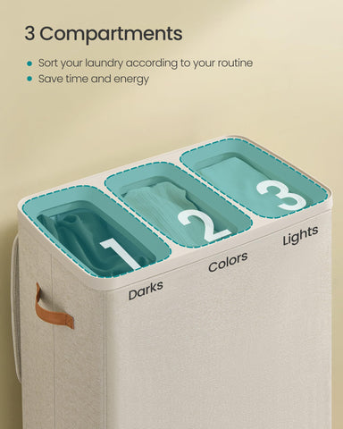 SONGMICS laundry basket revealing three removable compartments for quick sorting
