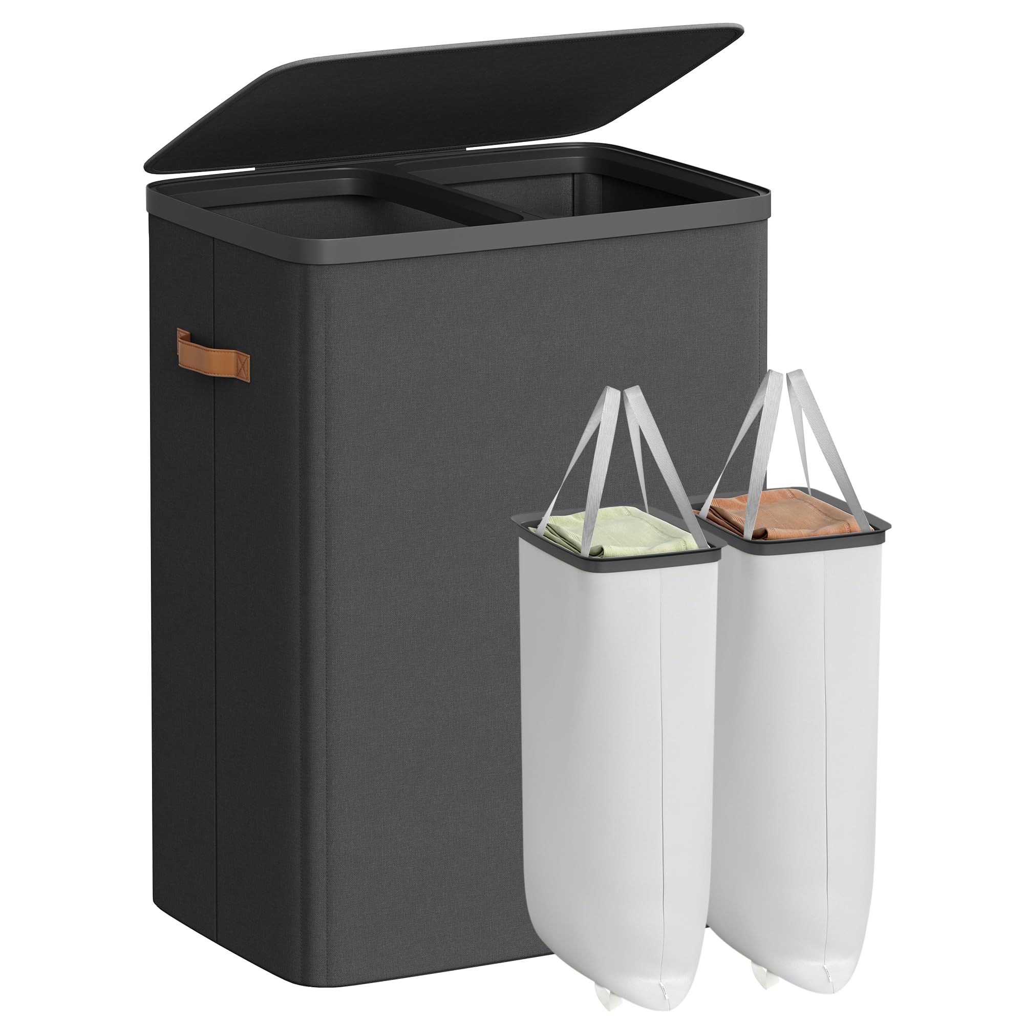 SONGMICS front view of full laundry hamper showing capacity and neat storage benefit