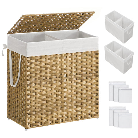 SONGMICS hamper front view showing lid and wicker finish for tidy storage
