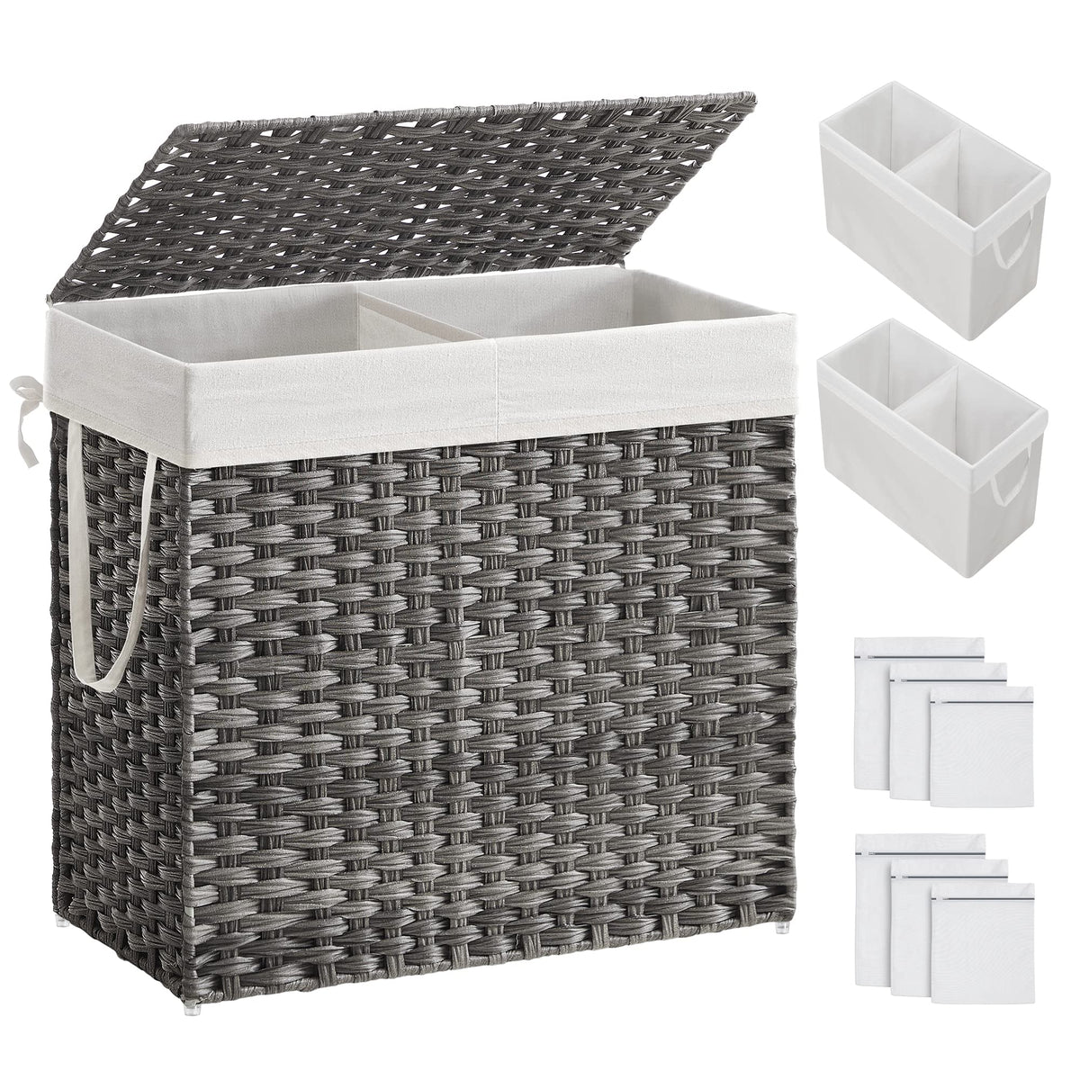 SONGMICS front view showing wicker style and tidy storage benefit