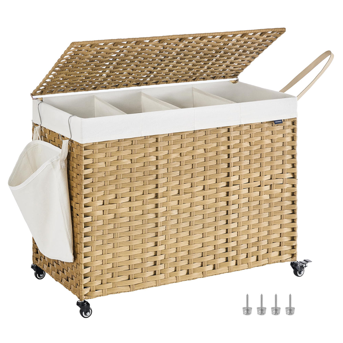 SONGMICS front view of rattan rolling laundry hamper showing tidy design and capacity