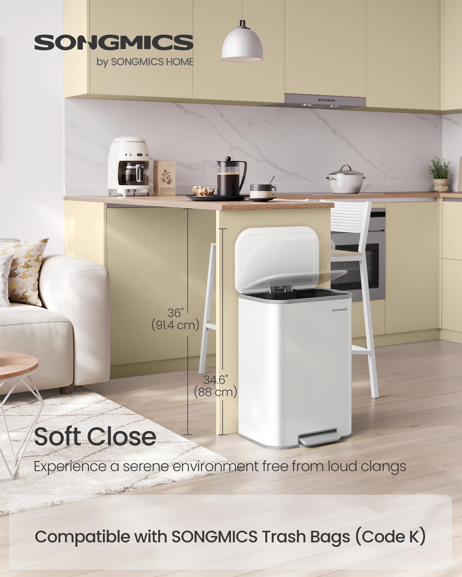 SONGMICS lid close-up highlighting soft-close mechanism and quiet benefit