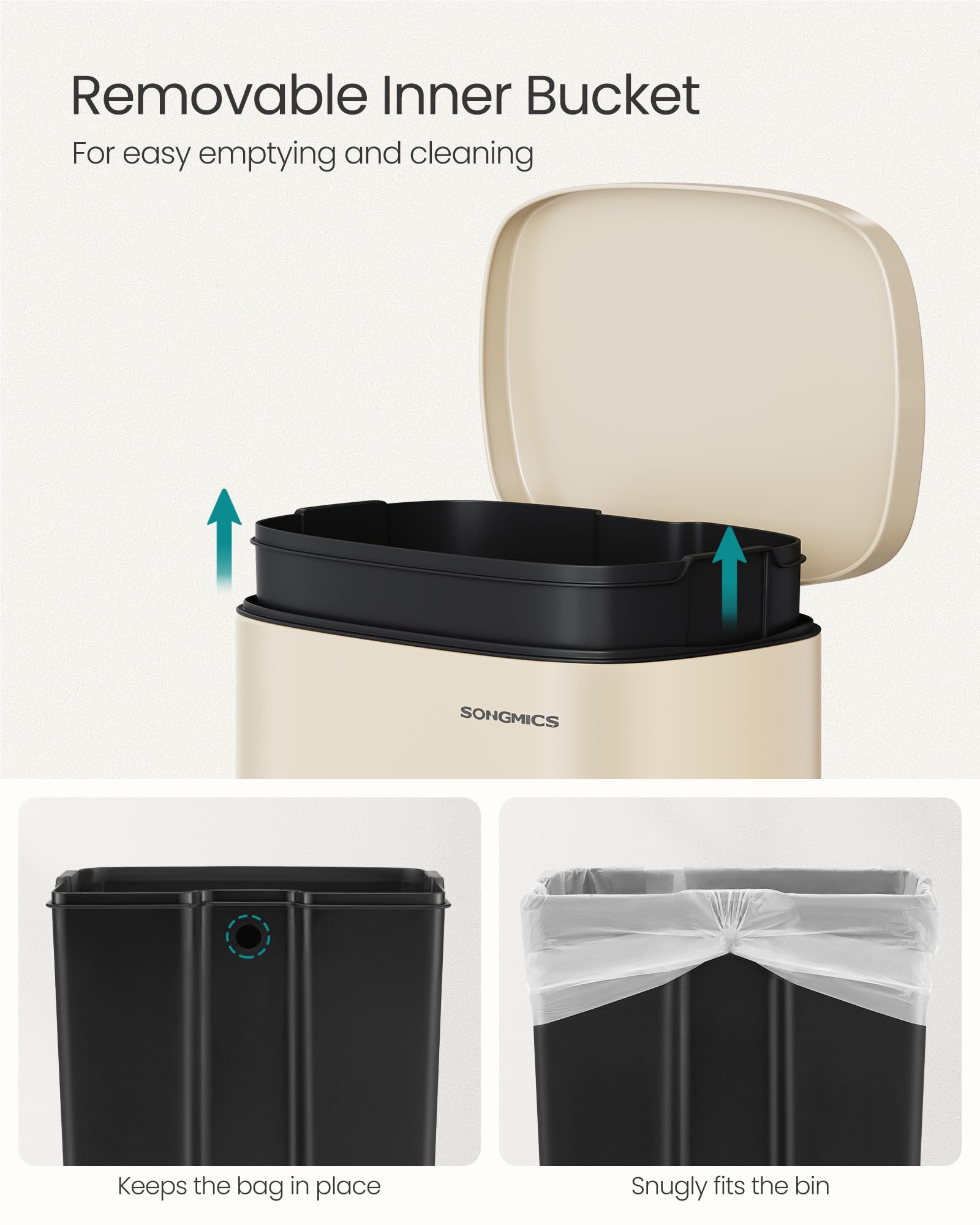 SONGMICS lid open held one-handed for easy emptying and cleaning