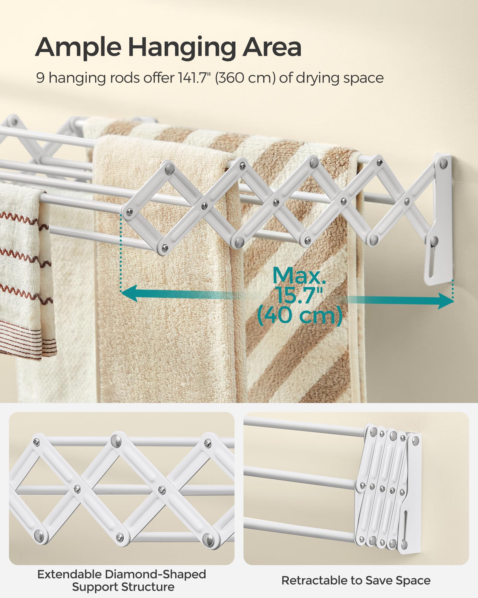 SONGMICS lifestyle balcony scene showing space-saving drying and fresh-air drying benefit
