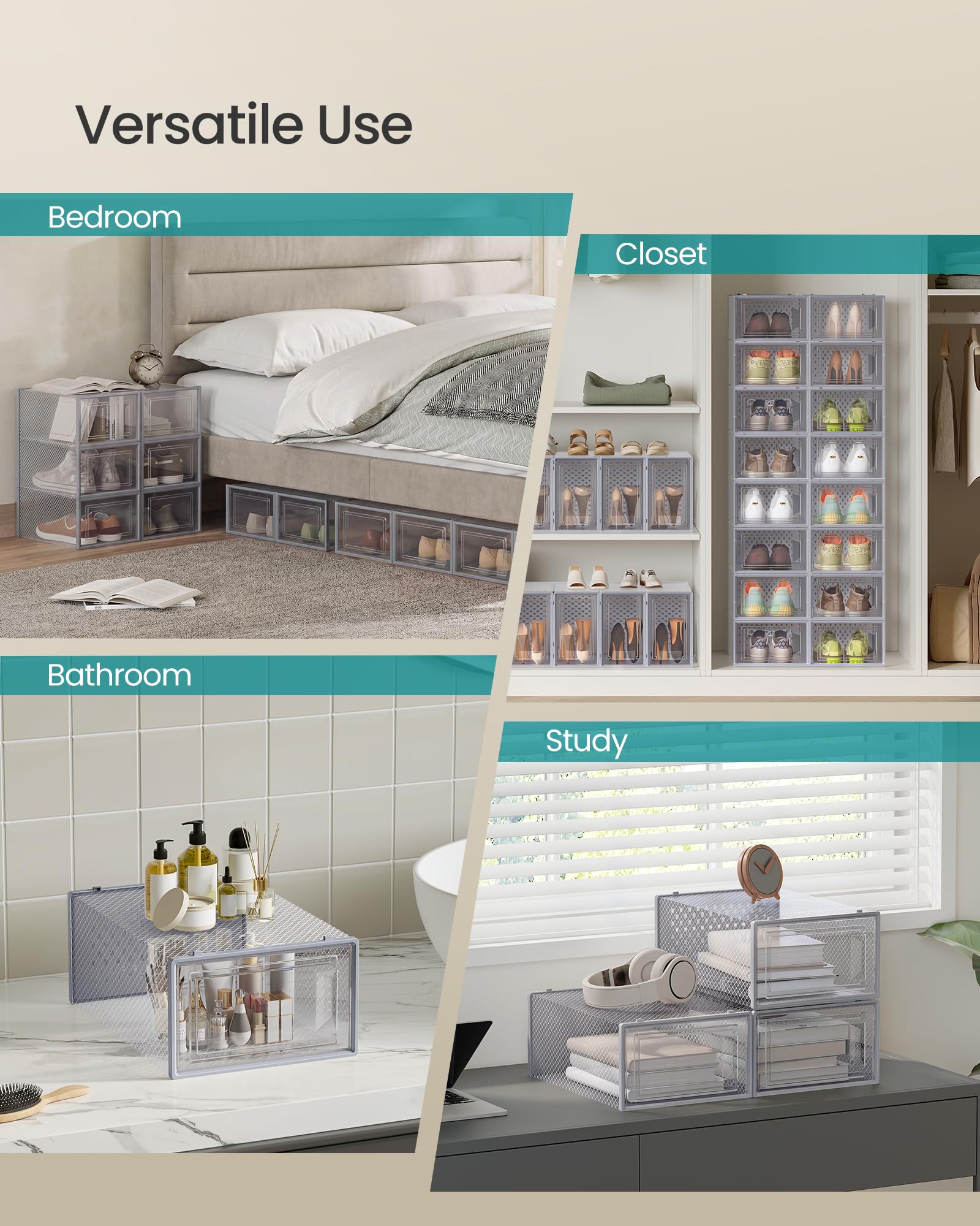 SONGMICS organized entryway with clear boxes for tidy storage