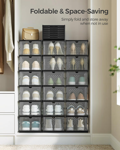 SONGMICS shoe boxes arranged in a hallway to create tidy, stylish organization