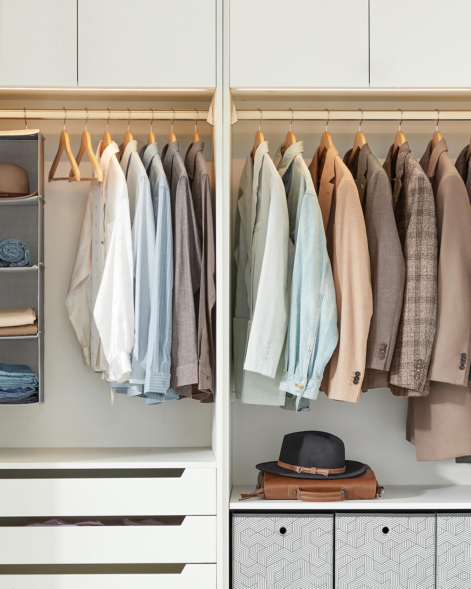 SONGMICS hangers styled in a bedroom wardrobe showing an organized, boutique-like display