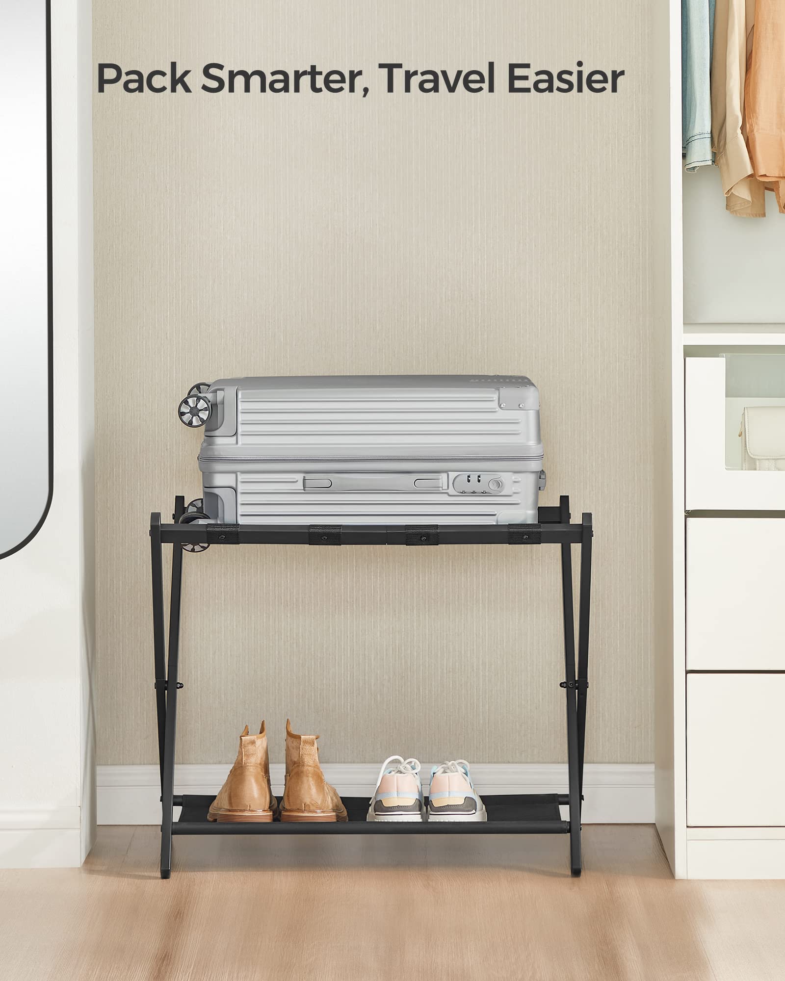 SONGMICS luggage rack assembled in bedroom creating hotel-style convenience