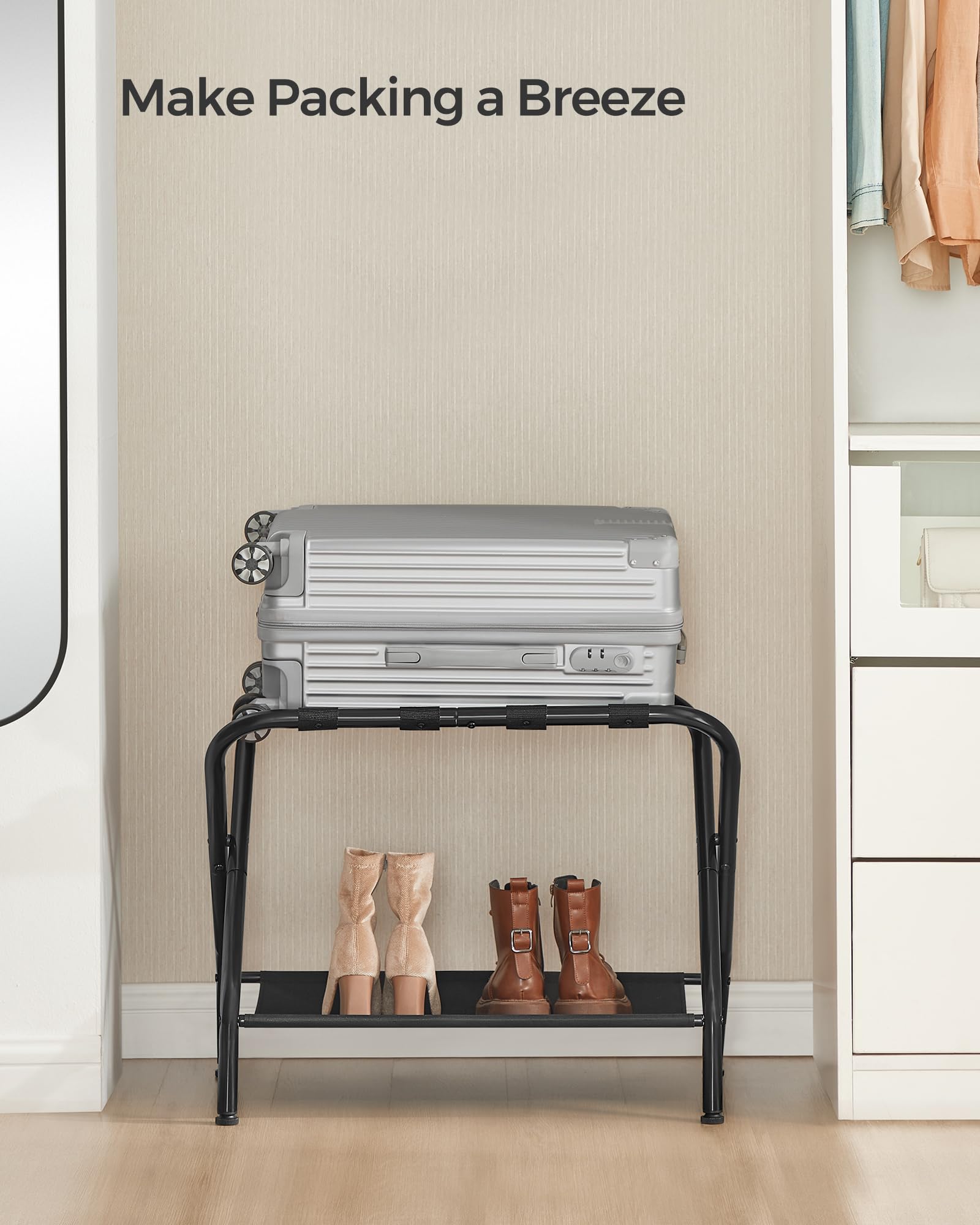 SONGMICS luggage rack in bedroom setting enhancing guest comfort and room organization