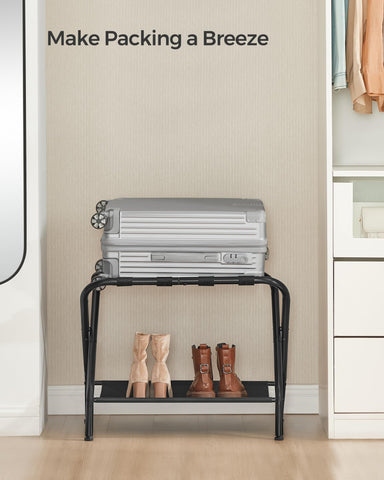 SONGMICS luggage rack in bedroom setting enhancing guest comfort and room organization
